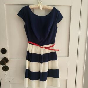 B. Smart Navy and White Striped Mini Dress with Red Belt